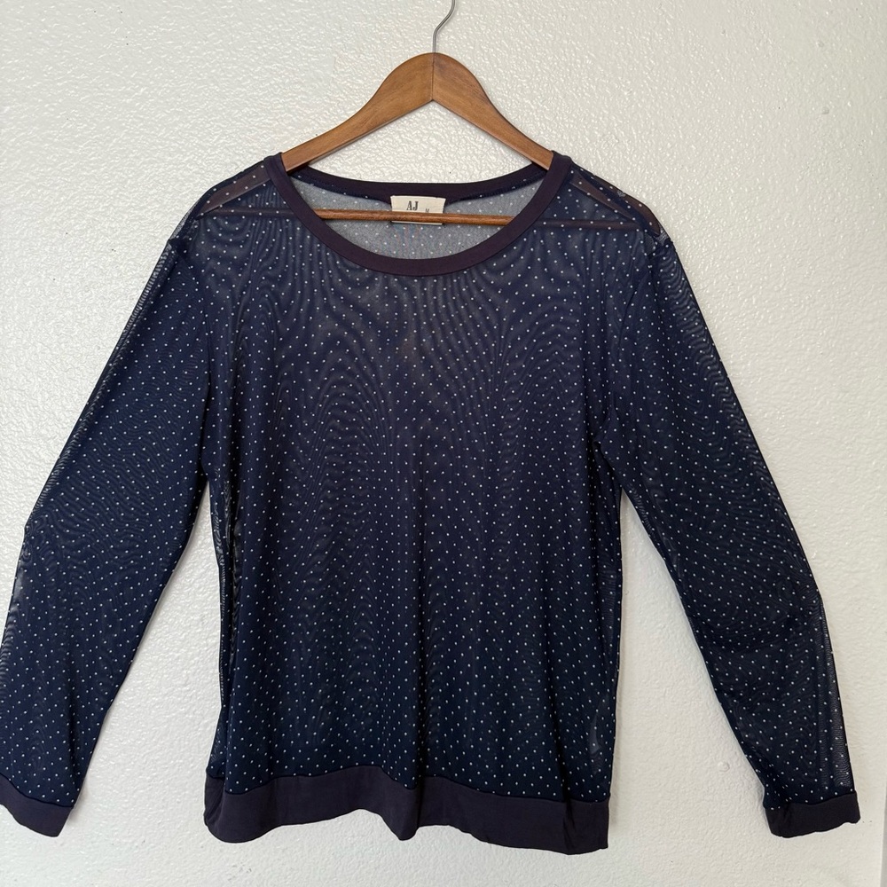 AMELIA JAMES Elegant Navy Sheer Polka Dot Top size M blouse